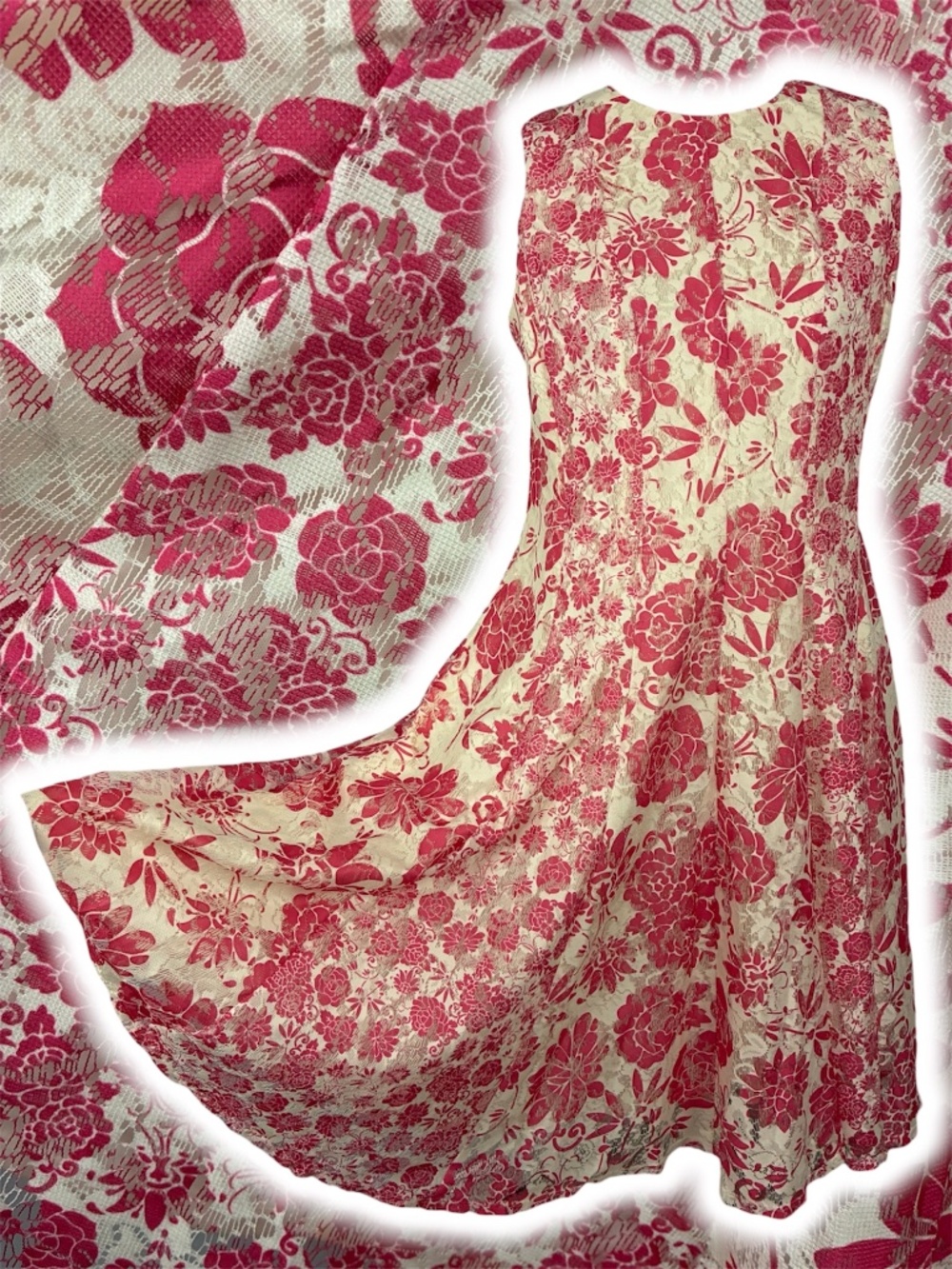 Cottagecore Floral Lace Midi Dress 10 Pink Cream A-Line Allover Sleeveless Crew